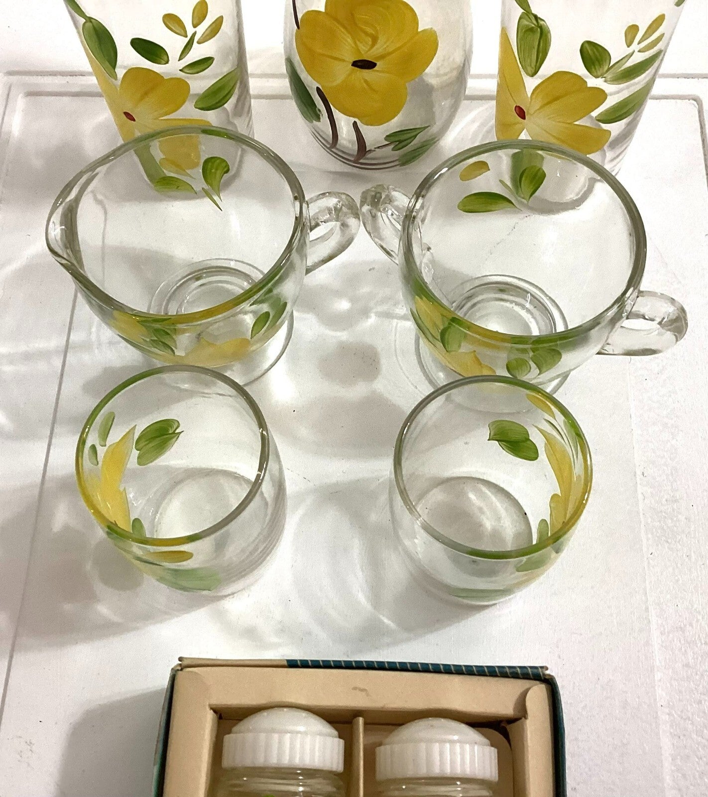 Vtg Floral Hand Painted 70’s Juice Glasses, TeaCup, Carafe, Salt/Pepper Shaker