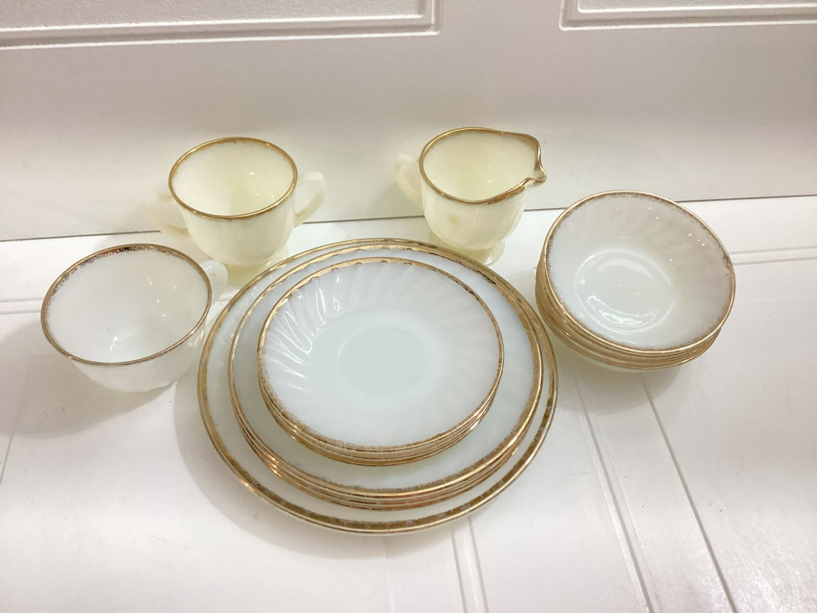 14 Pcs Vintage Fire King White swirl Milk Glass Oven Ware With Gold Rim