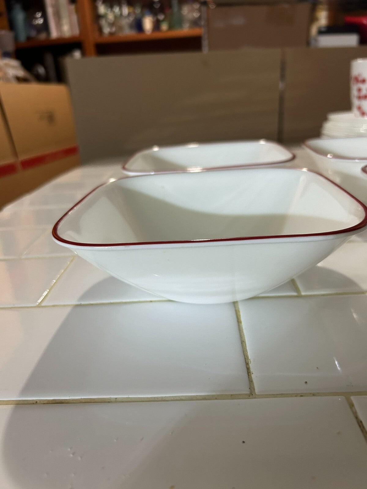 Lot Of 4 Corelle Splendor White With Red Rim Square Cereal/Soup Bowls