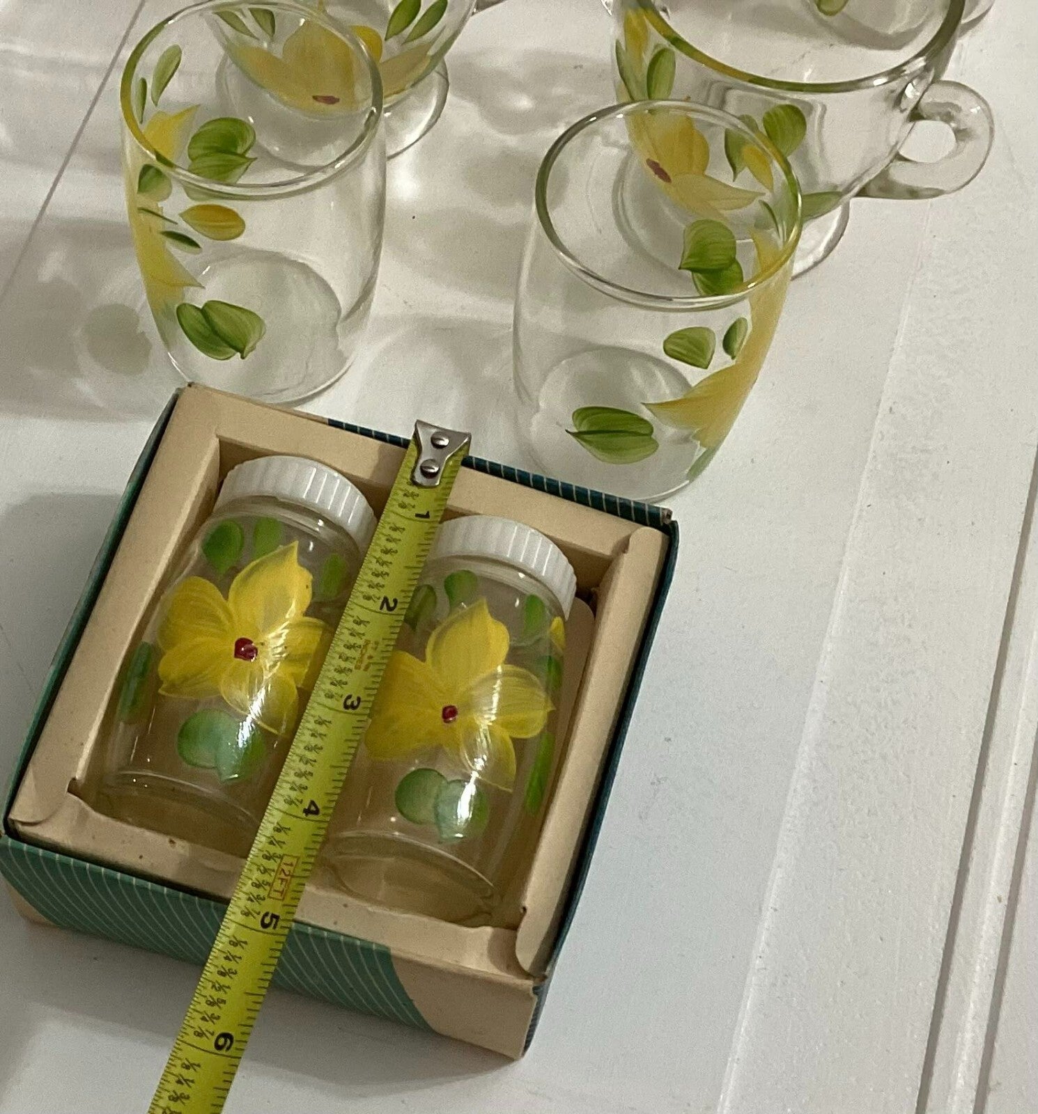 Vtg Floral Hand Painted 70’s Juice Glasses, TeaCup, Carafe, Salt/Pepper Shaker