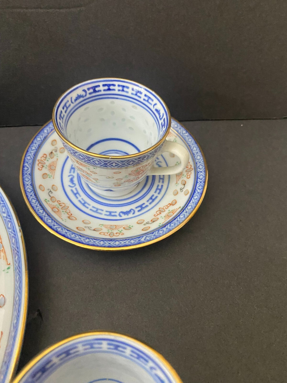 Vintage Blue/White/gold Asian Rice Glass 12 Pieces Tea Set