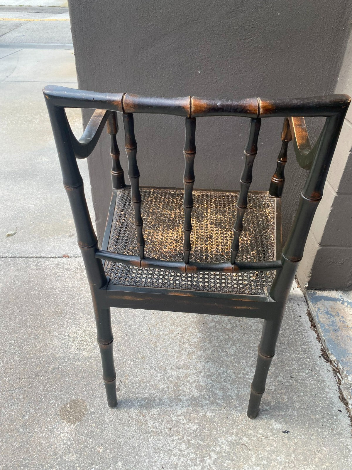 Antique Wooden Cane Seat Black Chair/White Cushion With Arm Rest