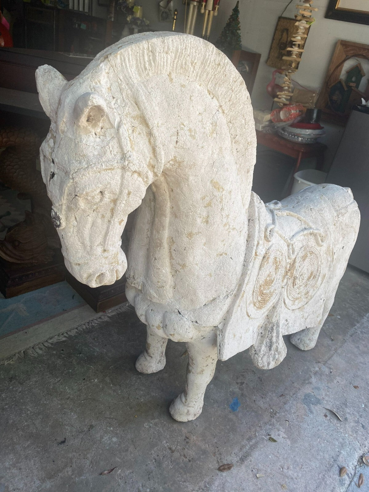 Large White Stylized Plaster Tang Horse Decor Display