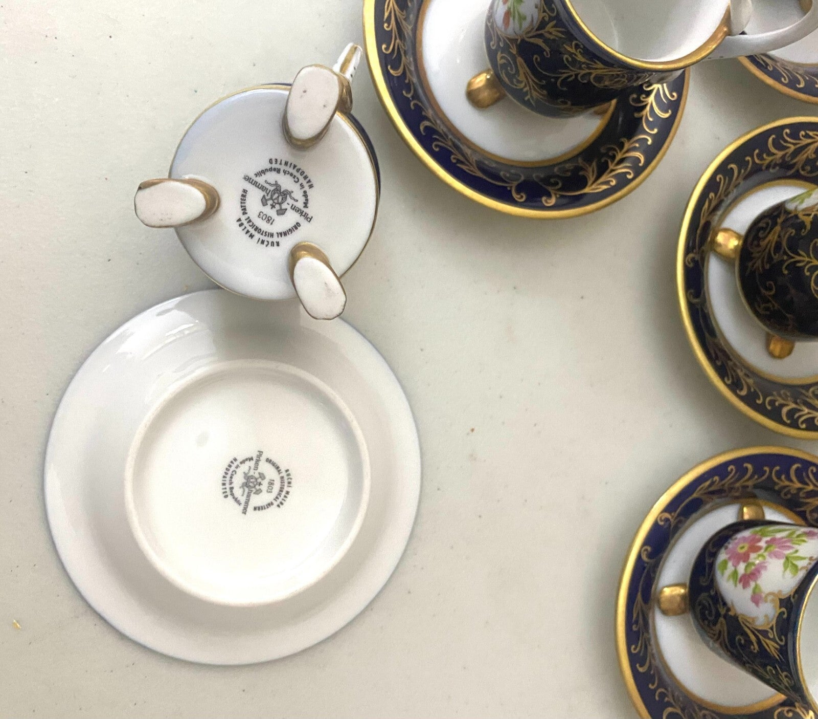 Vintage Pirken Hammer Hand Painted Blue Gold Set of 5 Cups And Saucer