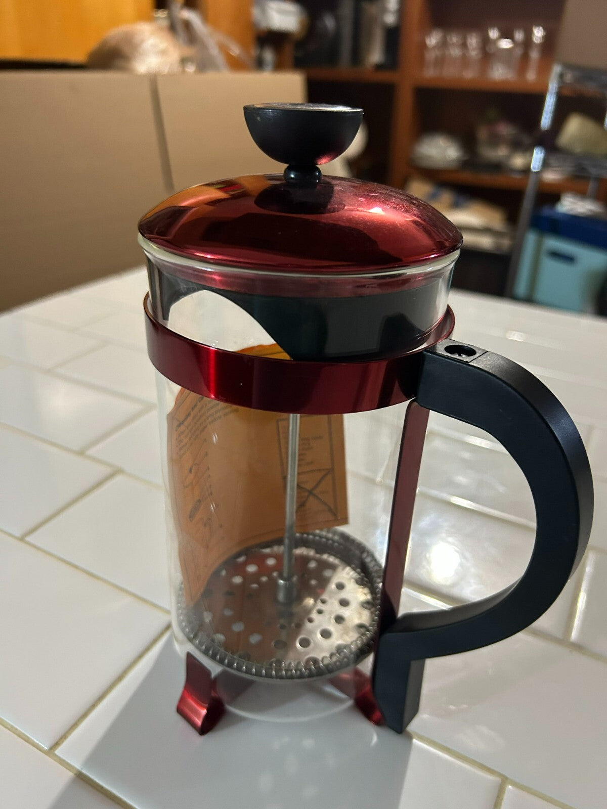 French Coffee Press / Tea Maker - Red Metallic With Black Handle