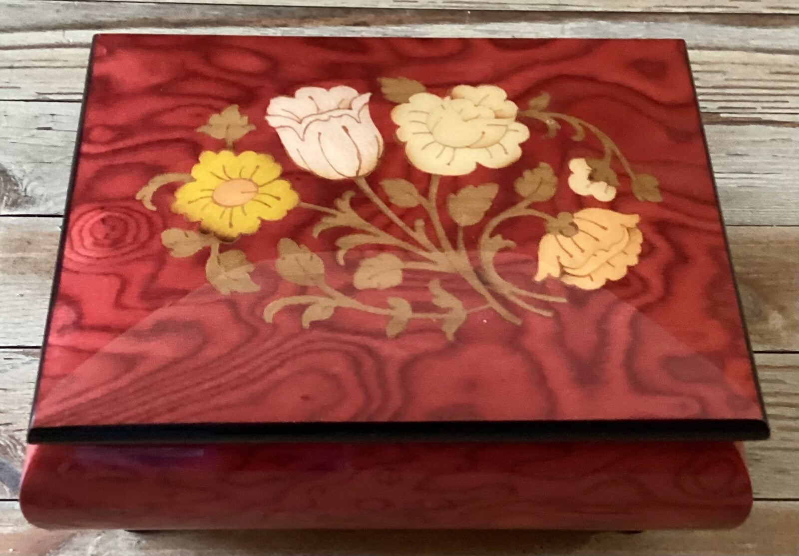 Set Of 2 Edel weiss Art Decor Inlaid Wood Floral Tray And Musical Jewelry box