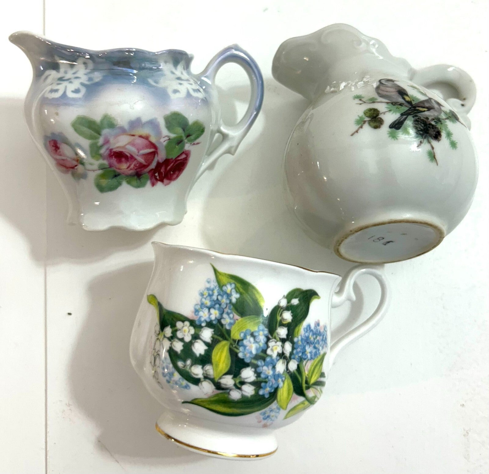 Set Of 3 Mismatch Antiques Pieces 2 Sm Creamers 1 Cup