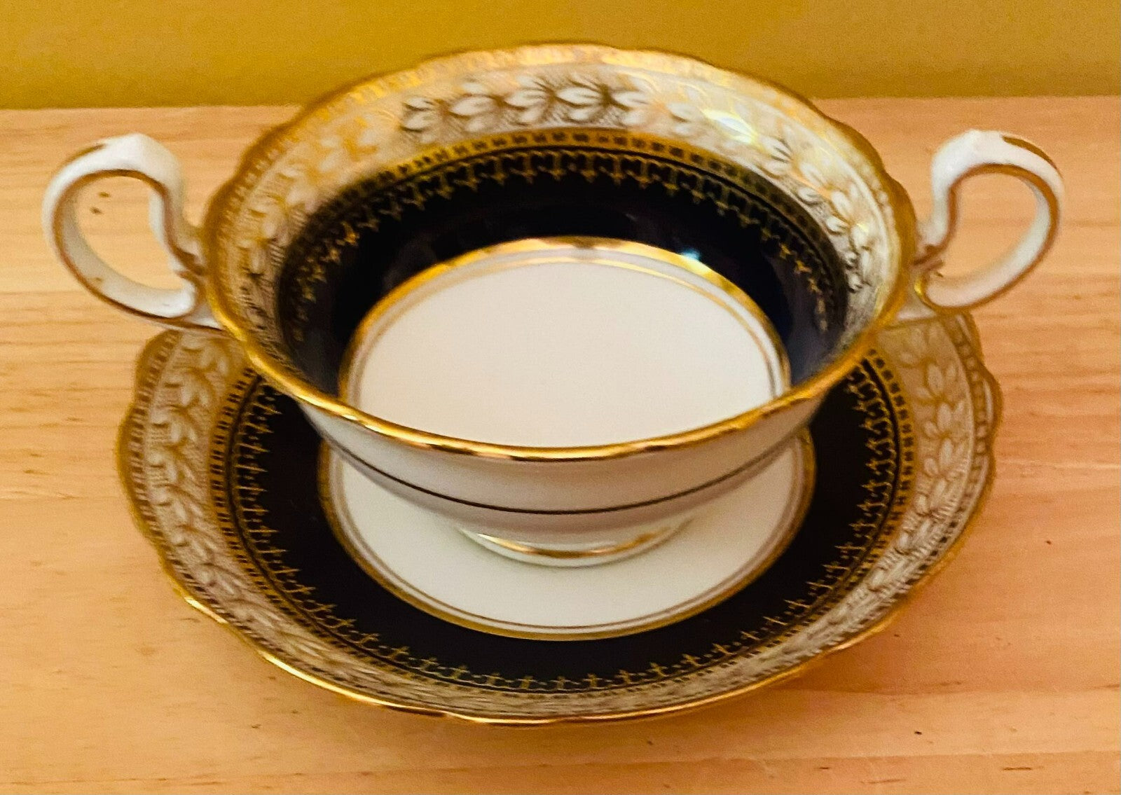Ainsley Black/Gold/White Double Handle Cream Soup Cup & Saucer Set
