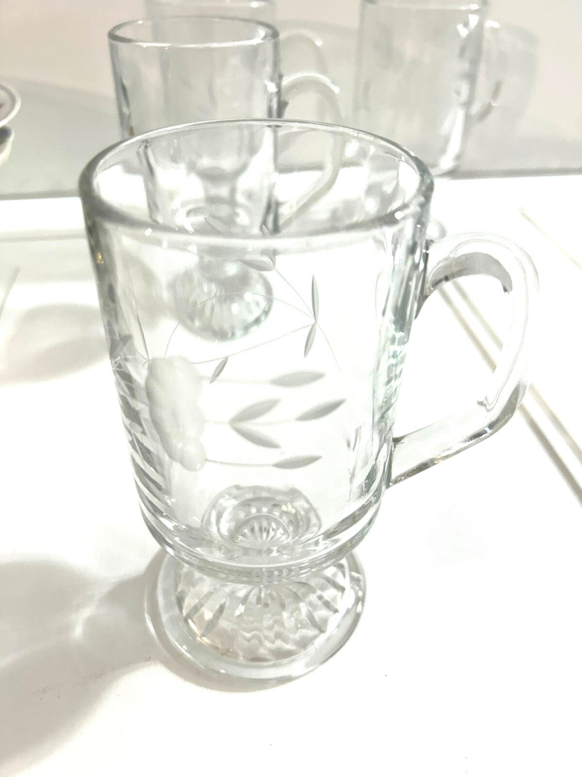Set Of 4 Clear Floral Etching Footed Irish Coffee Glass Mugs With Handle