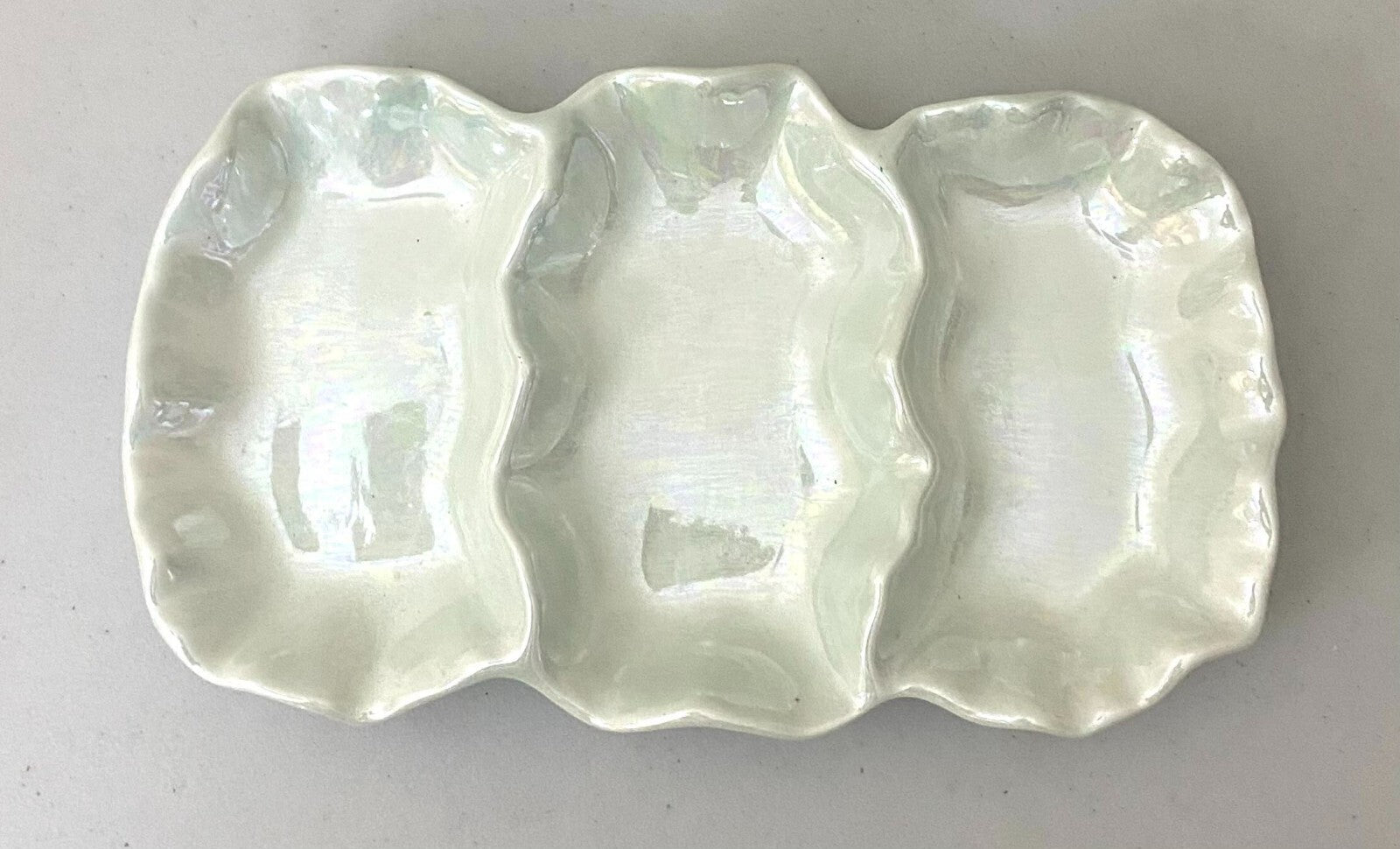 Vintage Opalescent White 3Compartment Condiment Side Dish 1.5 X 9.5 Inches