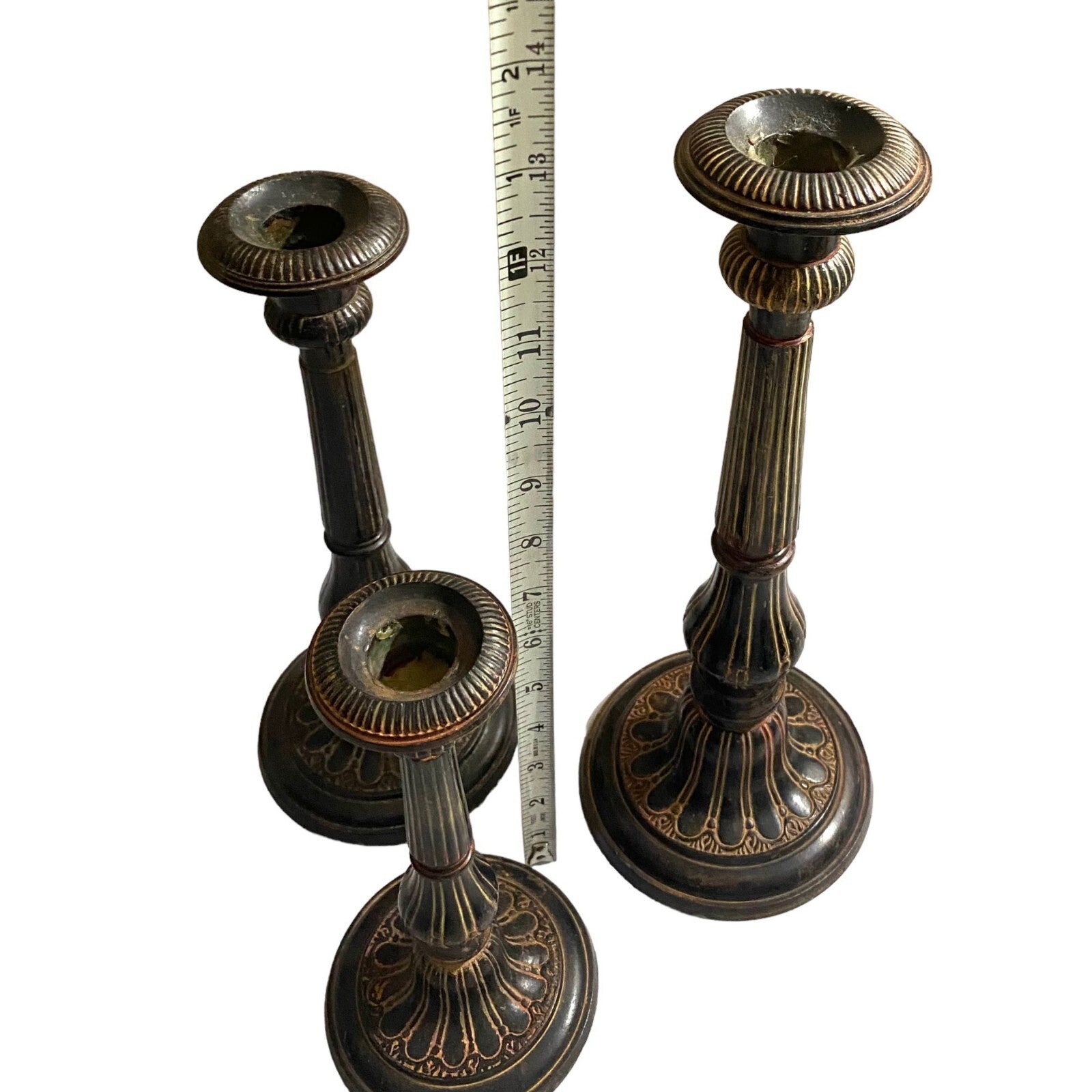 Stunning set of 3 Mid Century brass candle holders