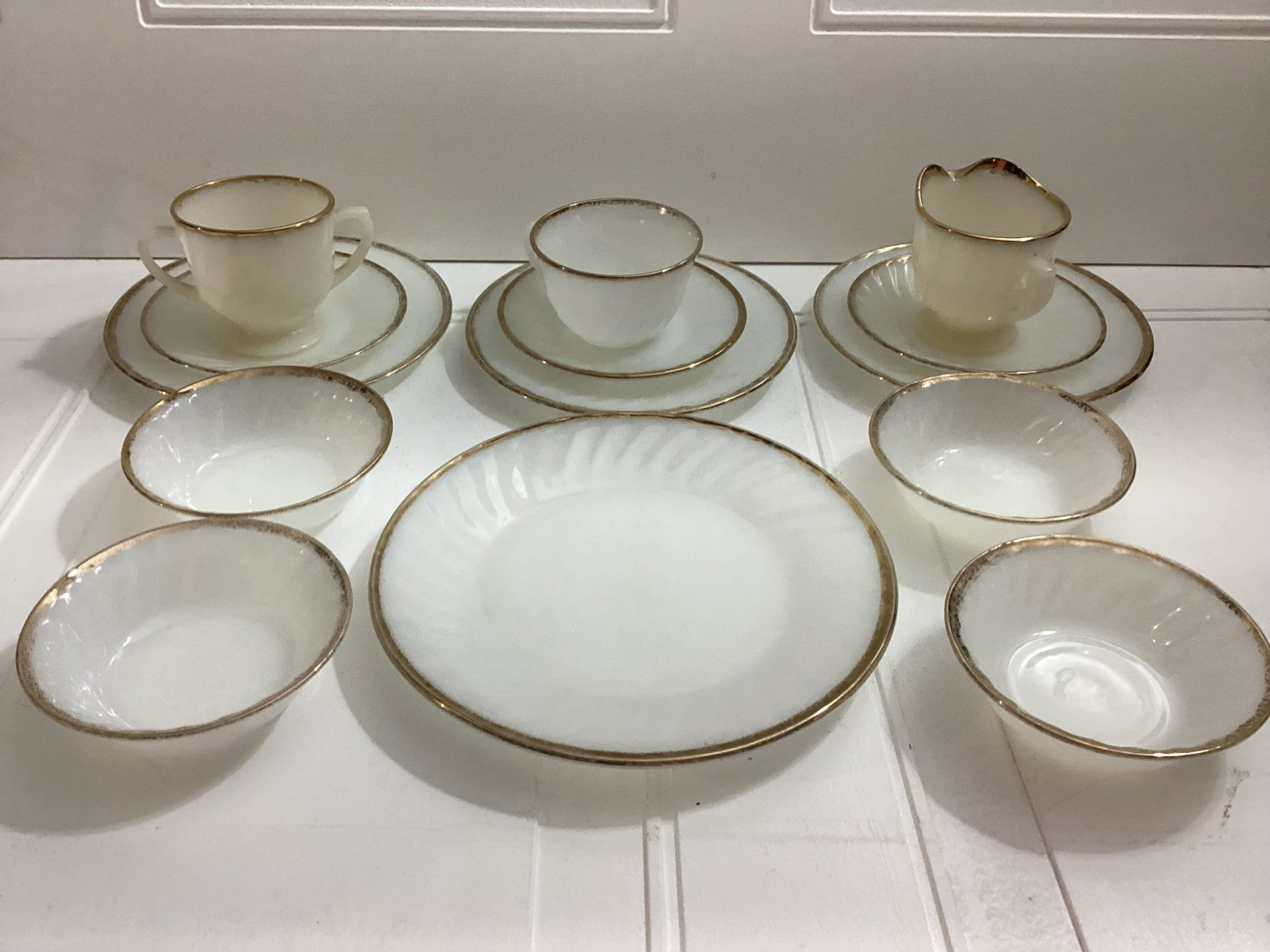 14 Pcs Vintage Fire King White swirl Milk Glass Oven Ware With Gold Rim