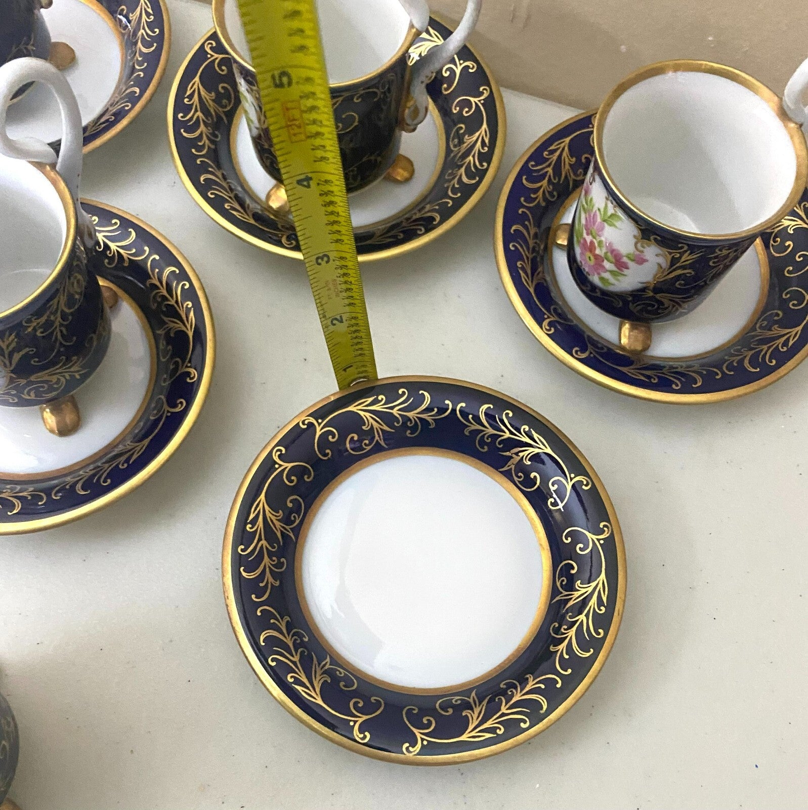 Vintage Pirken Hammer Hand Painted Blue Gold Set of 5 Cups And Saucer