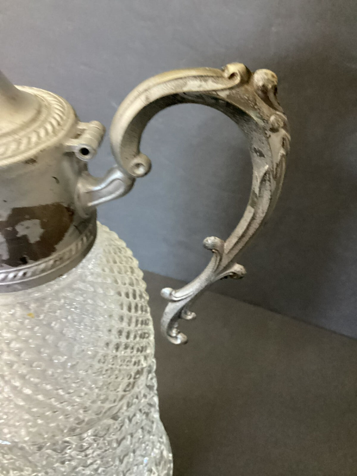 Pressed Glass Crystal Pitcher Decanter Silver Plate Top