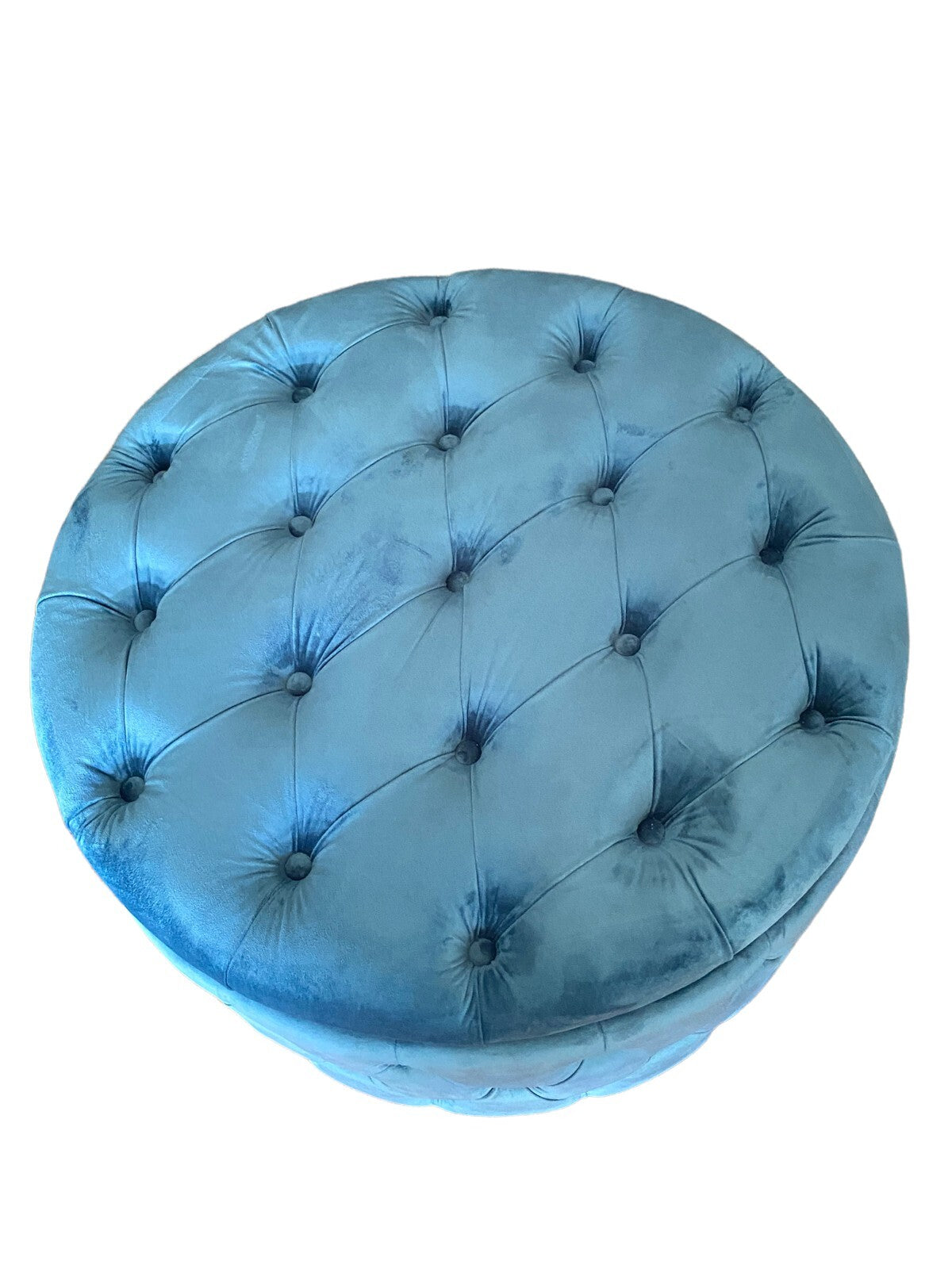 Blue Tufted Round Ottoman/Storage. no Wheels