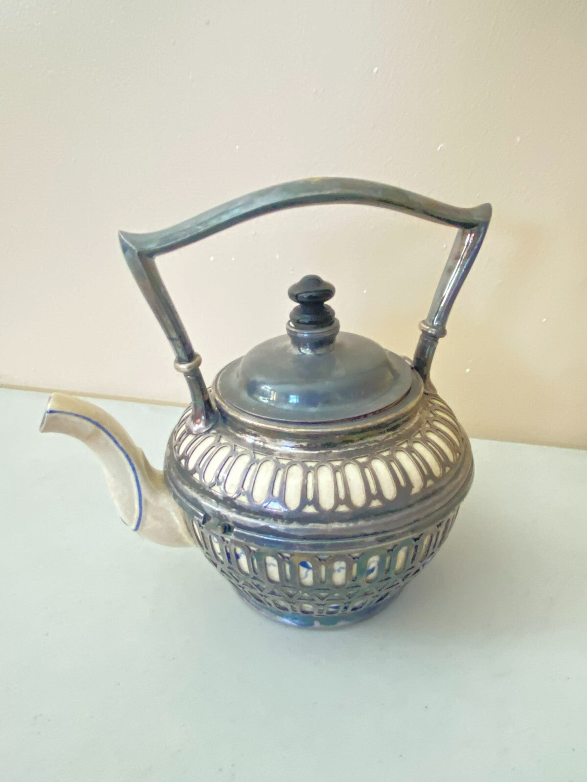 Antique Reticulated Ceramic Covered With Metal Teapot With Built In Strainer