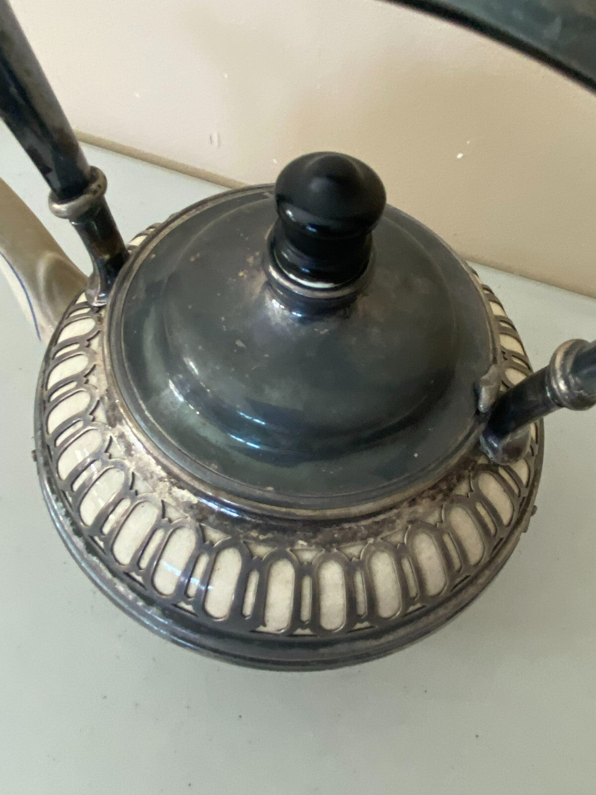 Antique Reticulated Ceramic Covered With Metal Teapot With Built In Strainer