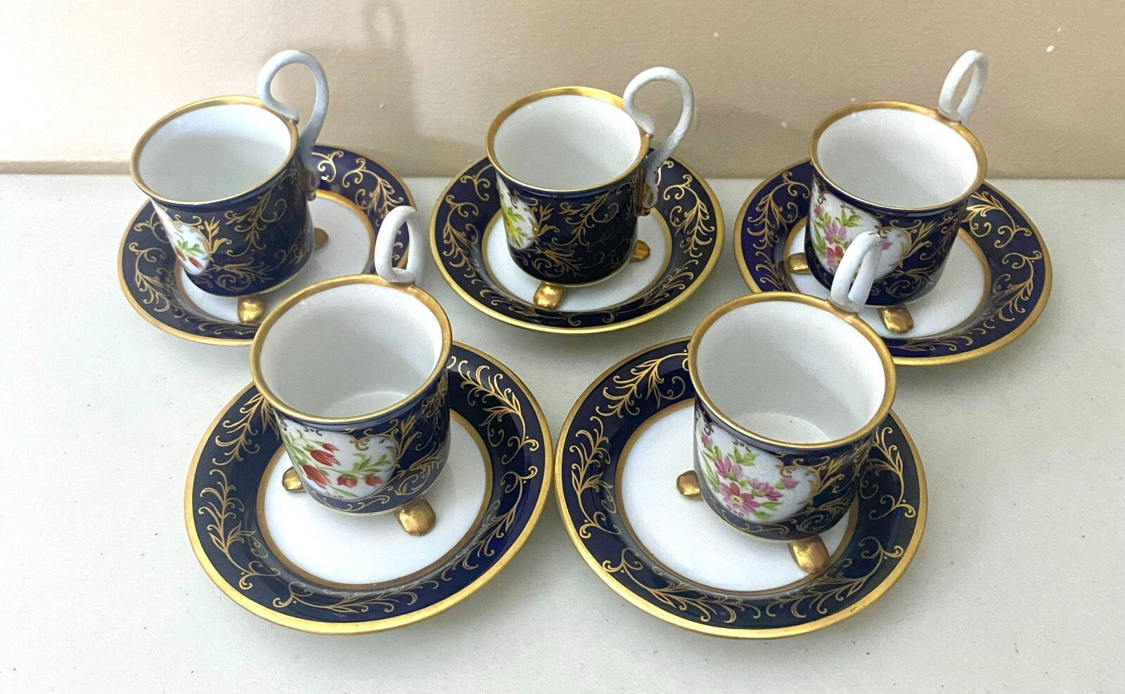 Vintage Pirken Hammer Hand Painted Blue Gold Set of 5 Cups And Saucer