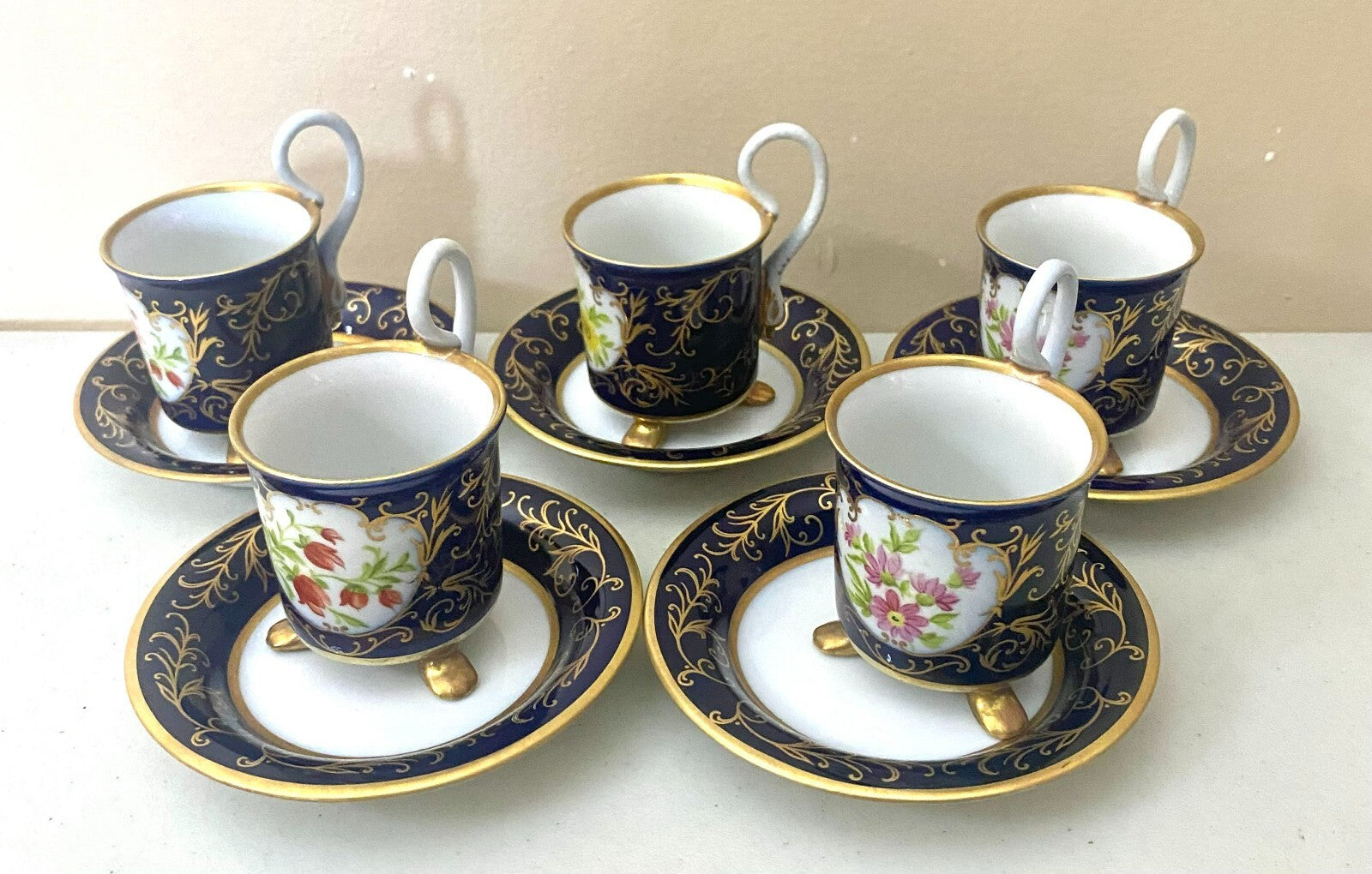 Vintage Pirken Hammer Hand Painted Blue Gold Set of 5 Cups And Saucer
