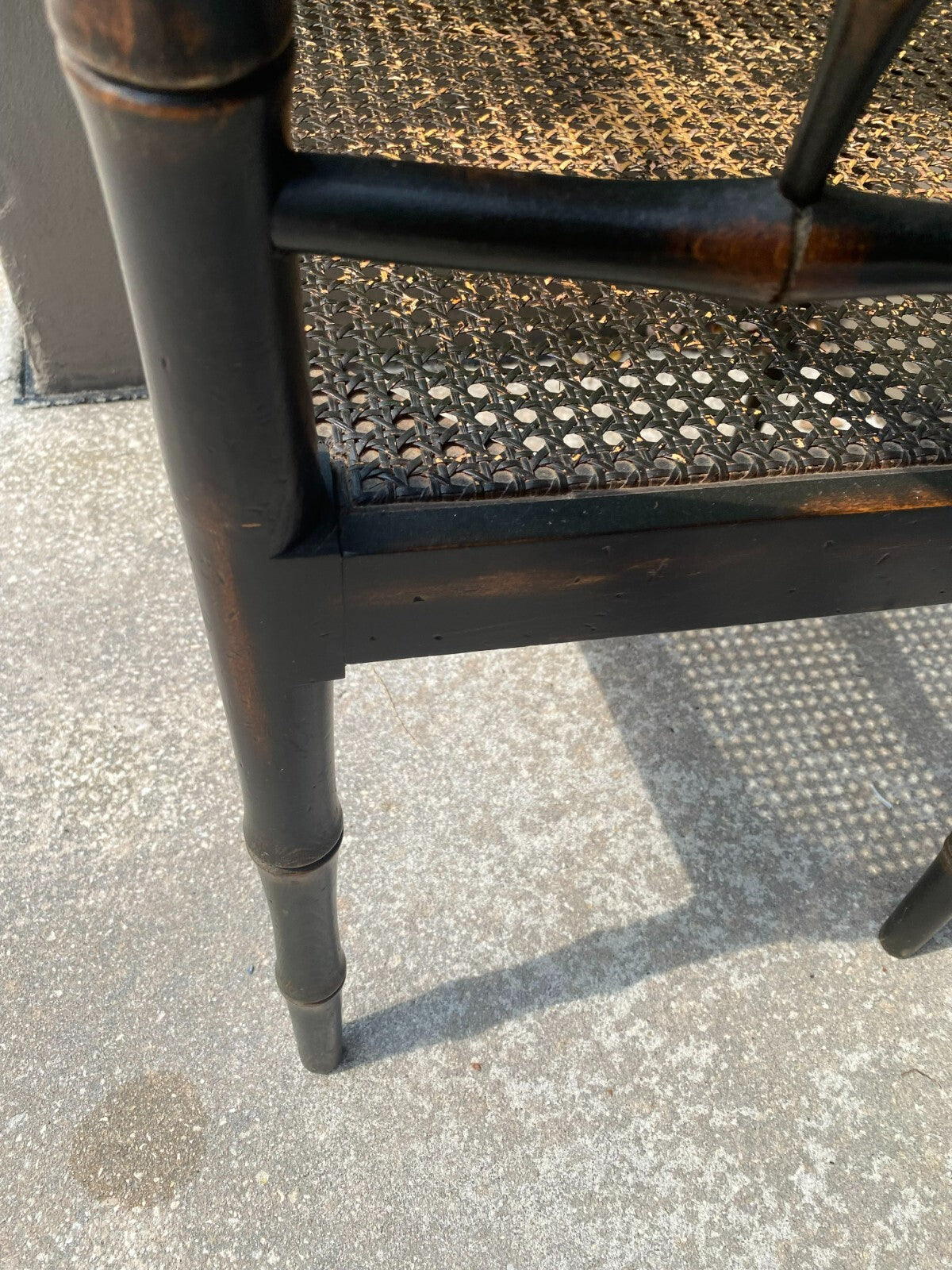 Antique Wooden Cane Seat Black Chair/White Cushion With Arm Rest