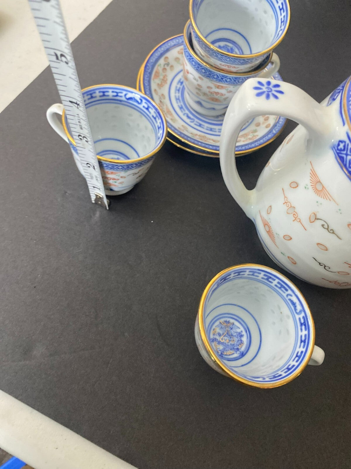 Vintage Blue/White/gold Asian Rice Glass 12 Pieces Tea Set