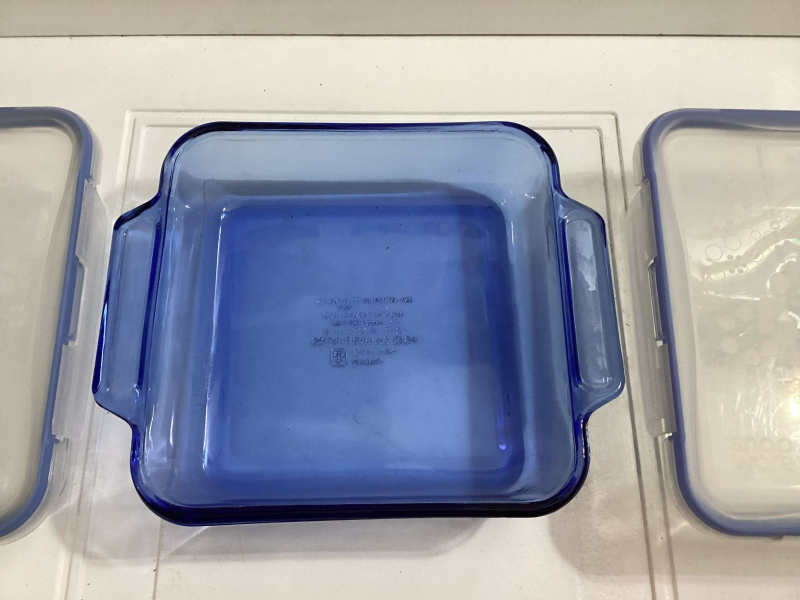 3 Pcs- 2 Pyrex Snapware Food Storage And 1 Pyrex Blue Glass Container