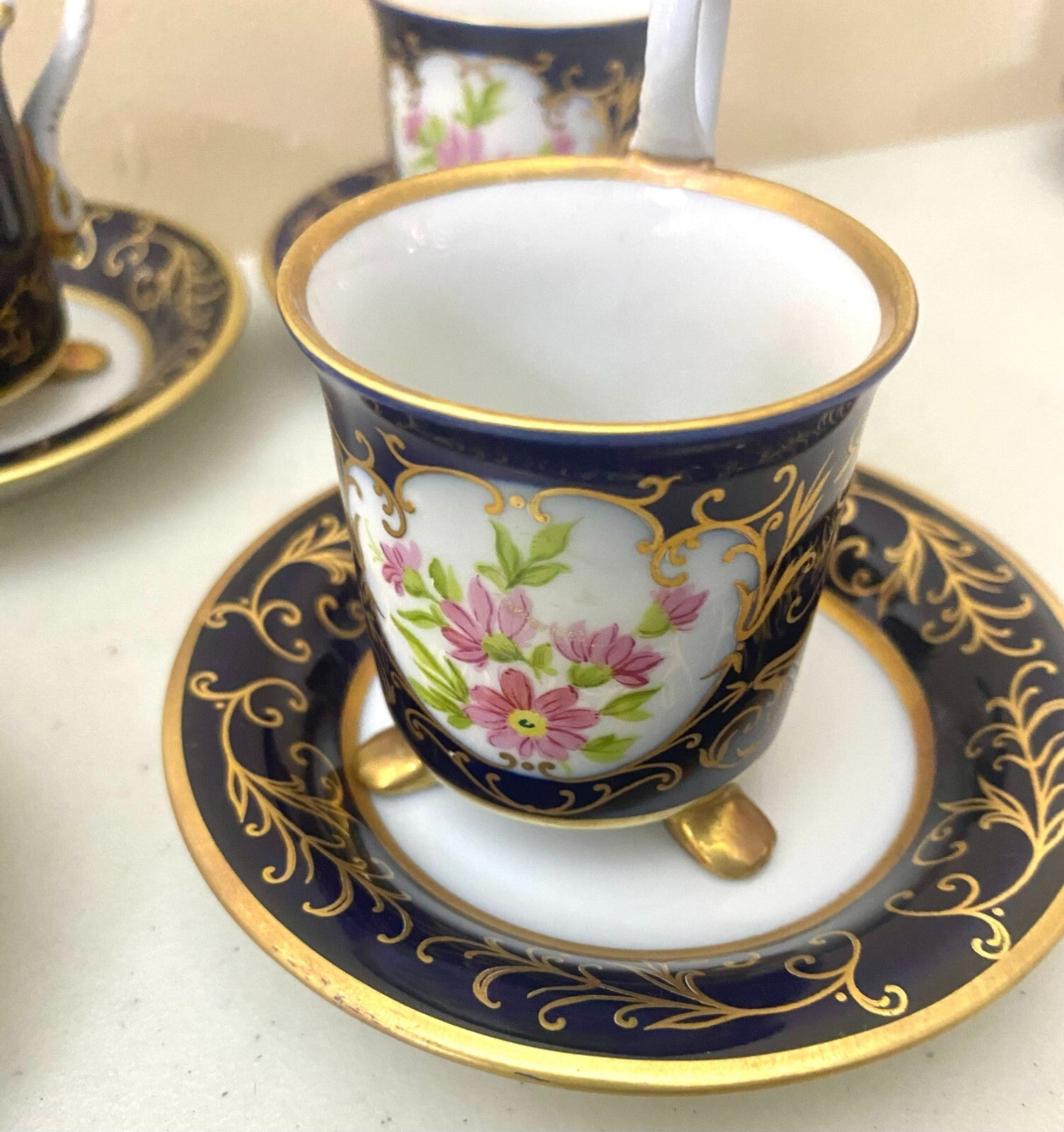 Vintage Pirken Hammer Hand Painted Blue Gold Set of 5 Cups And Saucer