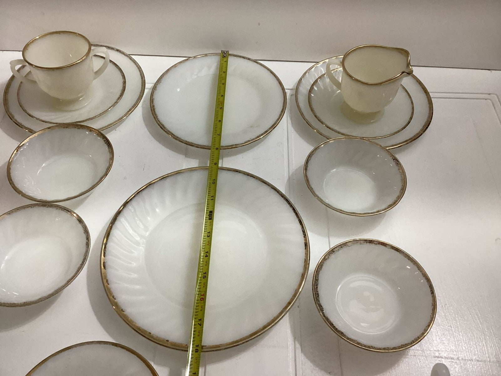 14 Pcs Vintage Fire King White swirl Milk Glass Oven Ware With Gold Rim