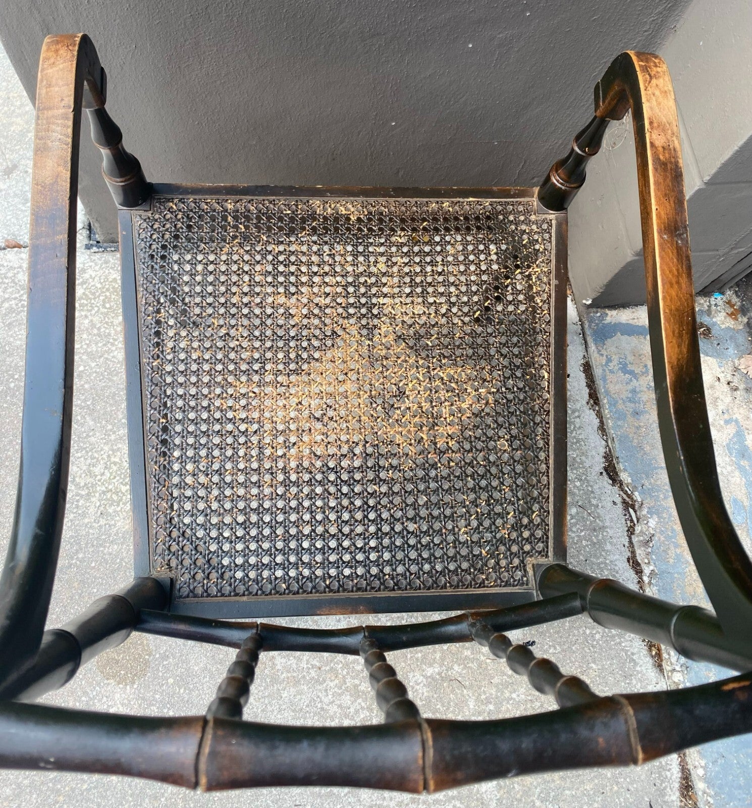 Antique Wooden Cane Seat Black Chair/White Cushion With Arm Rest