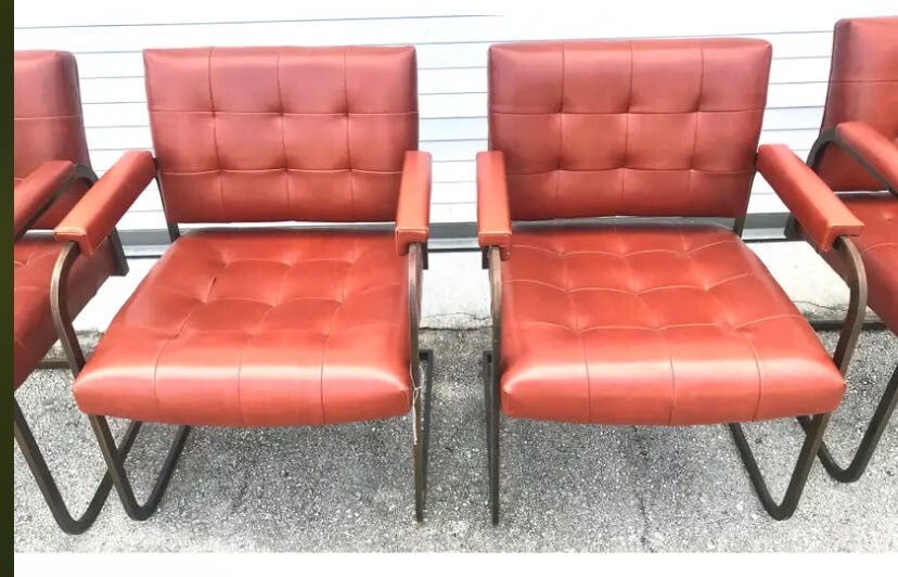 Lot Of 4 Vintage Red Patrician Furniture Chrome/leather Chairs With Arm Rest