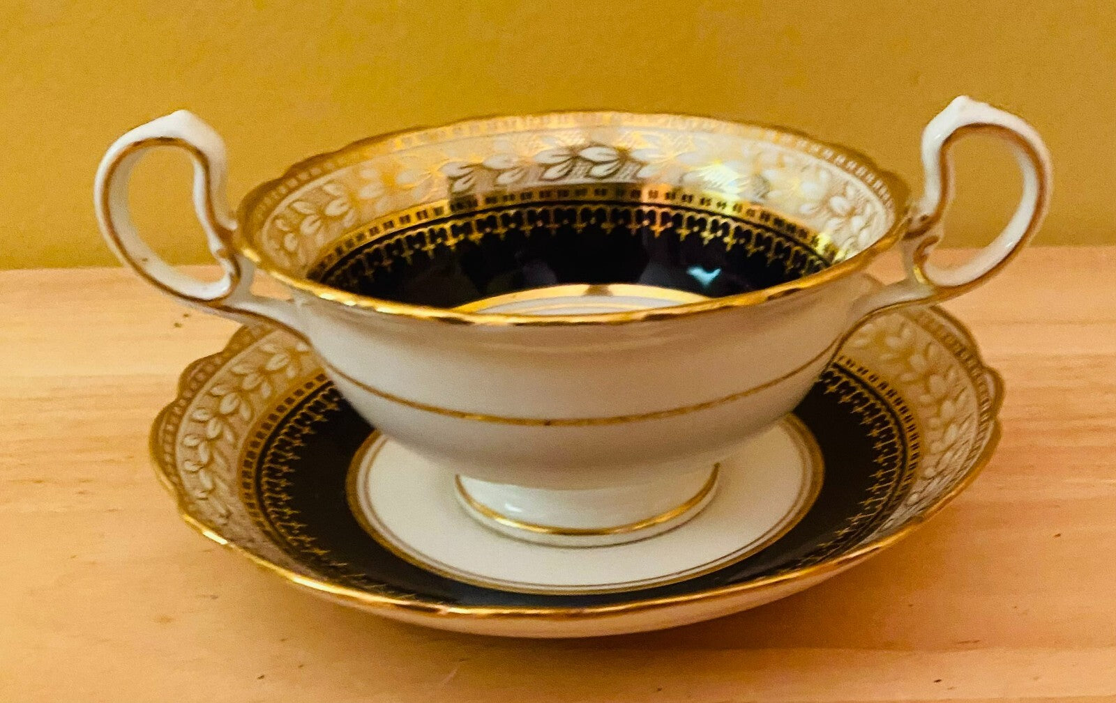 Ainsley Black/Gold/White Double Handle Cream Soup Cup & Saucer Set
