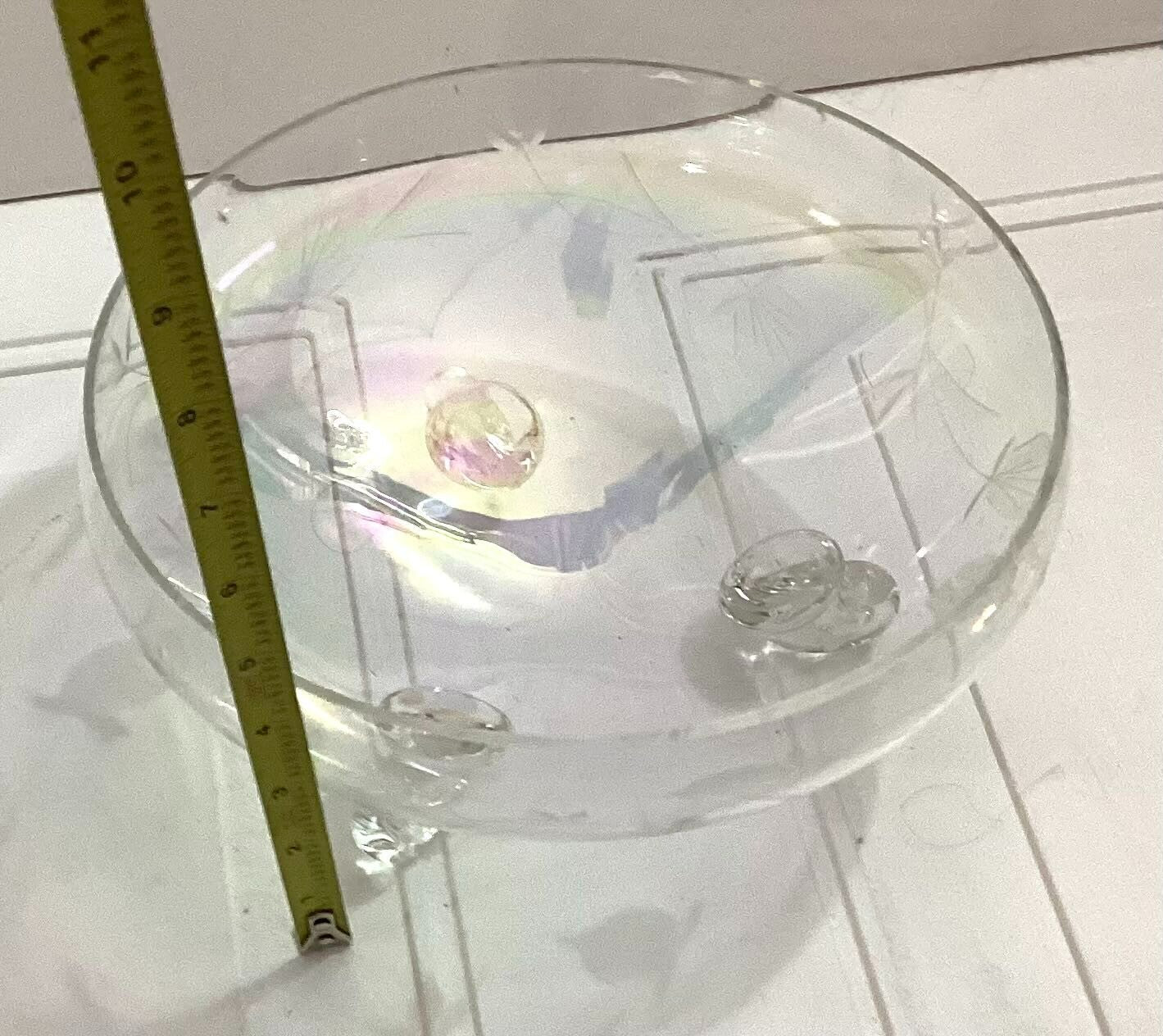 Vintage 3 Footed iridescent Round Etched Shaped Clear Glass Bowl 9X4.5 Inches