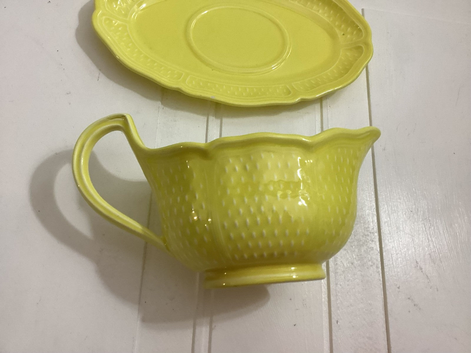 2 Pieces French Vintage Yellow Bon Vivant Gravy Boat W/Under Plate