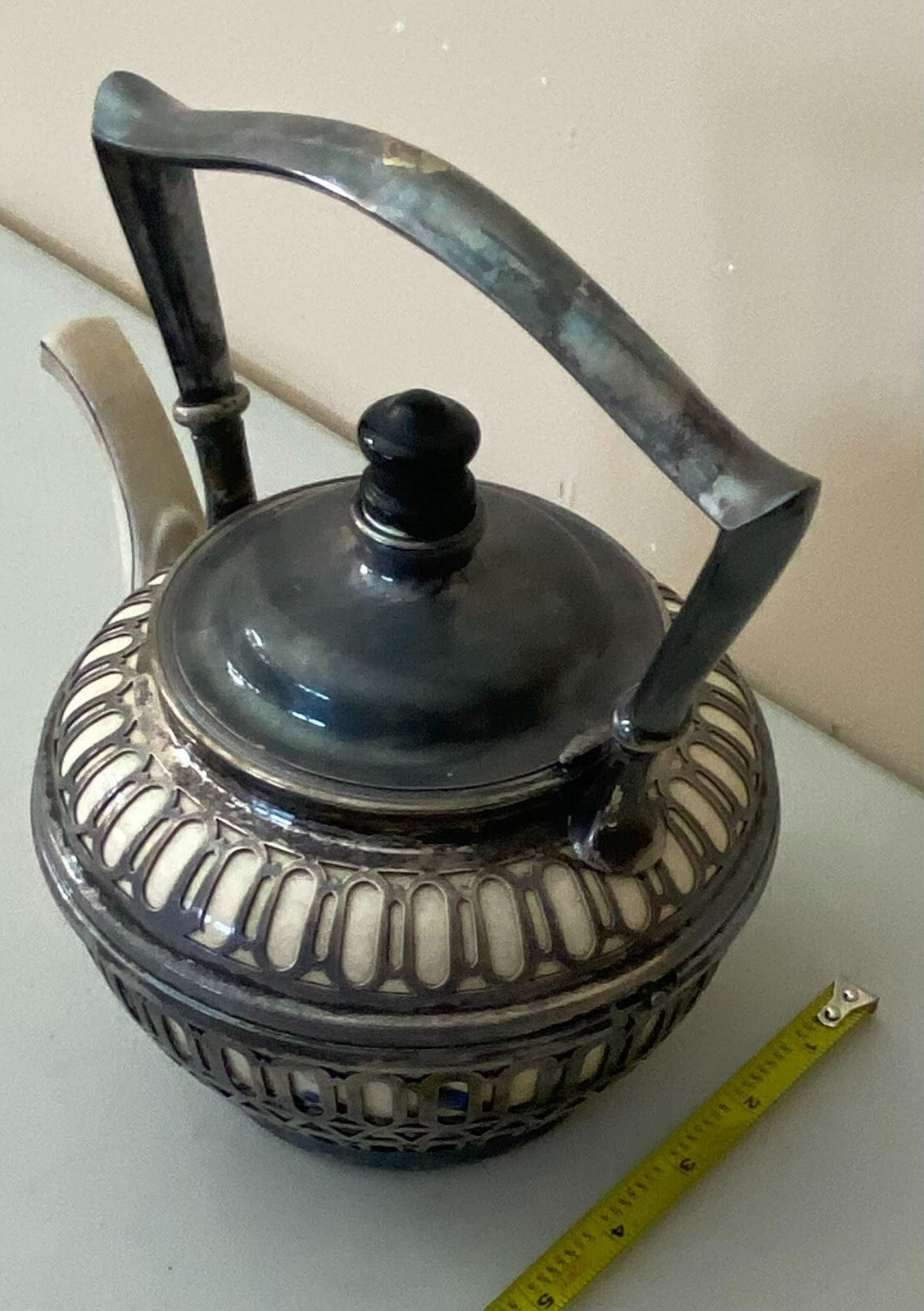 Antique Reticulated Ceramic Covered With Metal Teapot With Built In Strainer