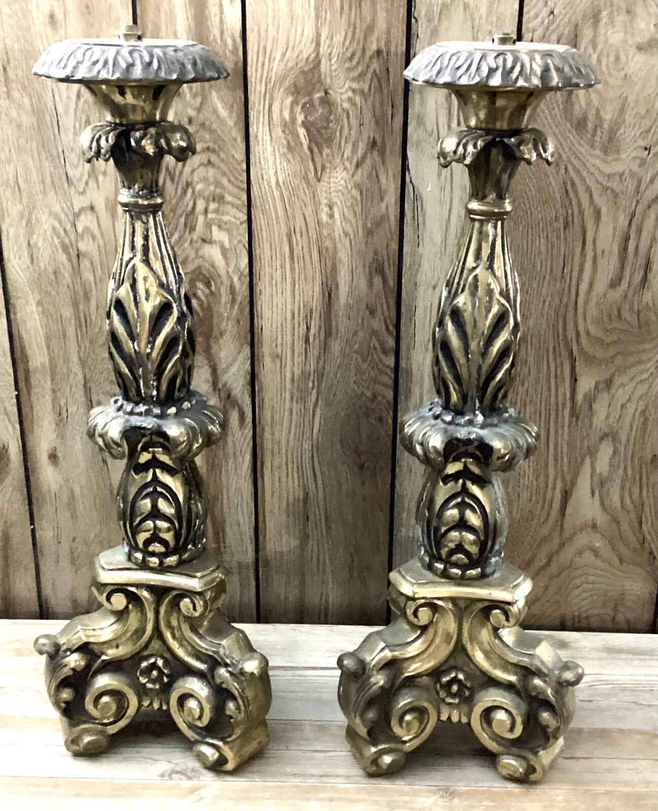 2 Antique Golden Solid Brass Candlestick Holders For Display