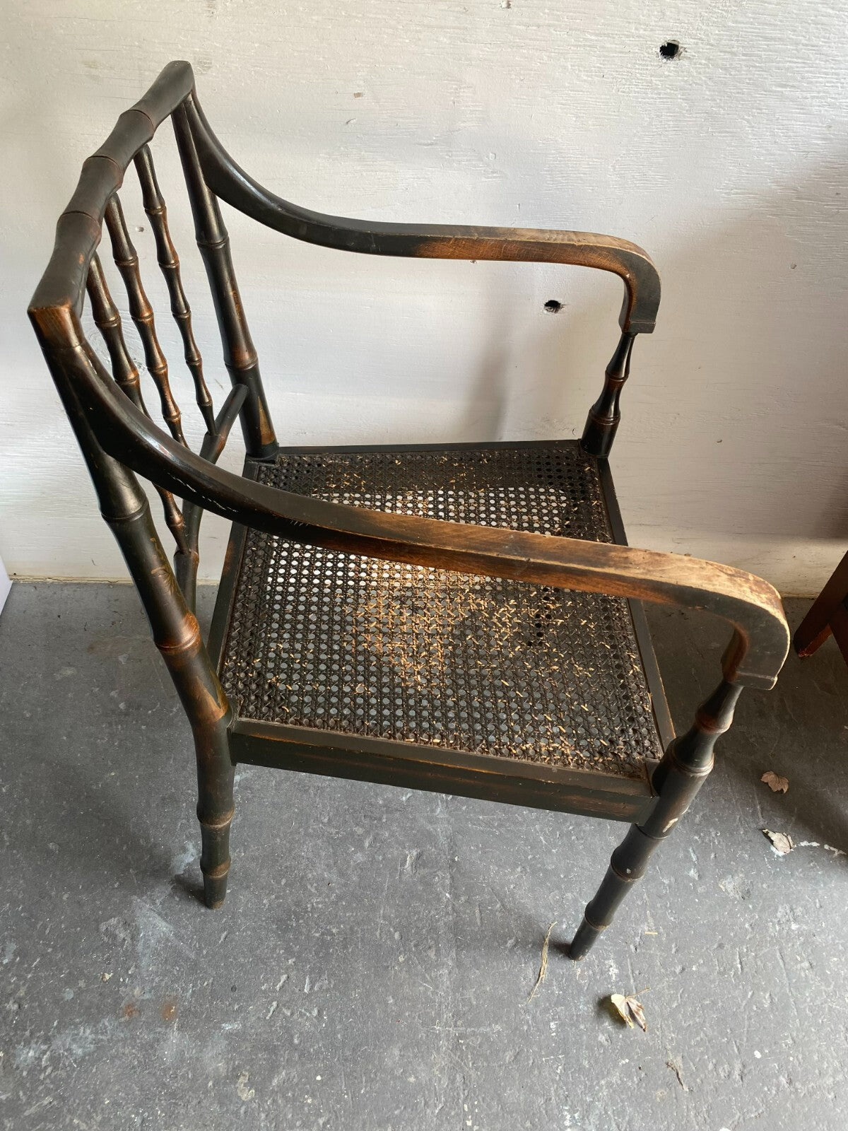 Antique Wooden Cane Seat Black Chair/White Cushion With Arm Rest