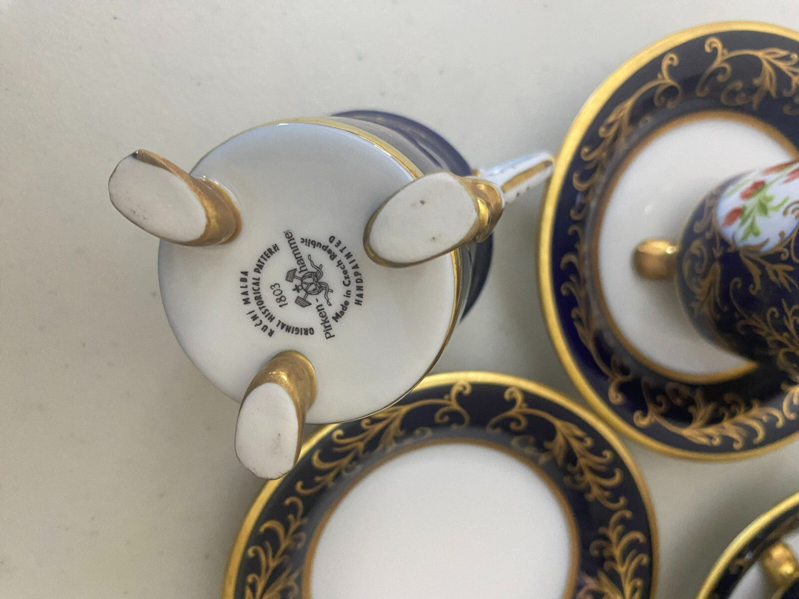 Vintage Pirken Hammer Hand Painted Blue Gold Set of 5 Cups And Saucer