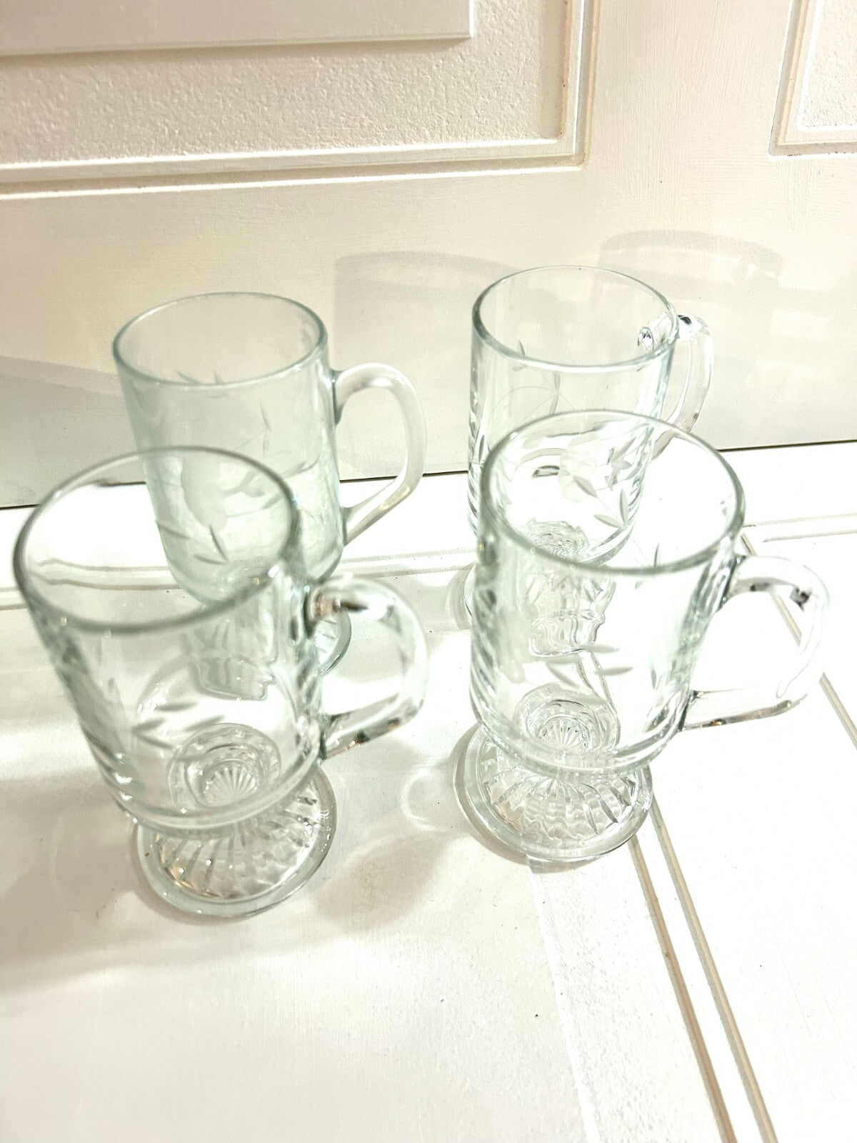 Set Of 4 Clear Floral Etching Footed Irish Coffee Glass Mugs With Handle