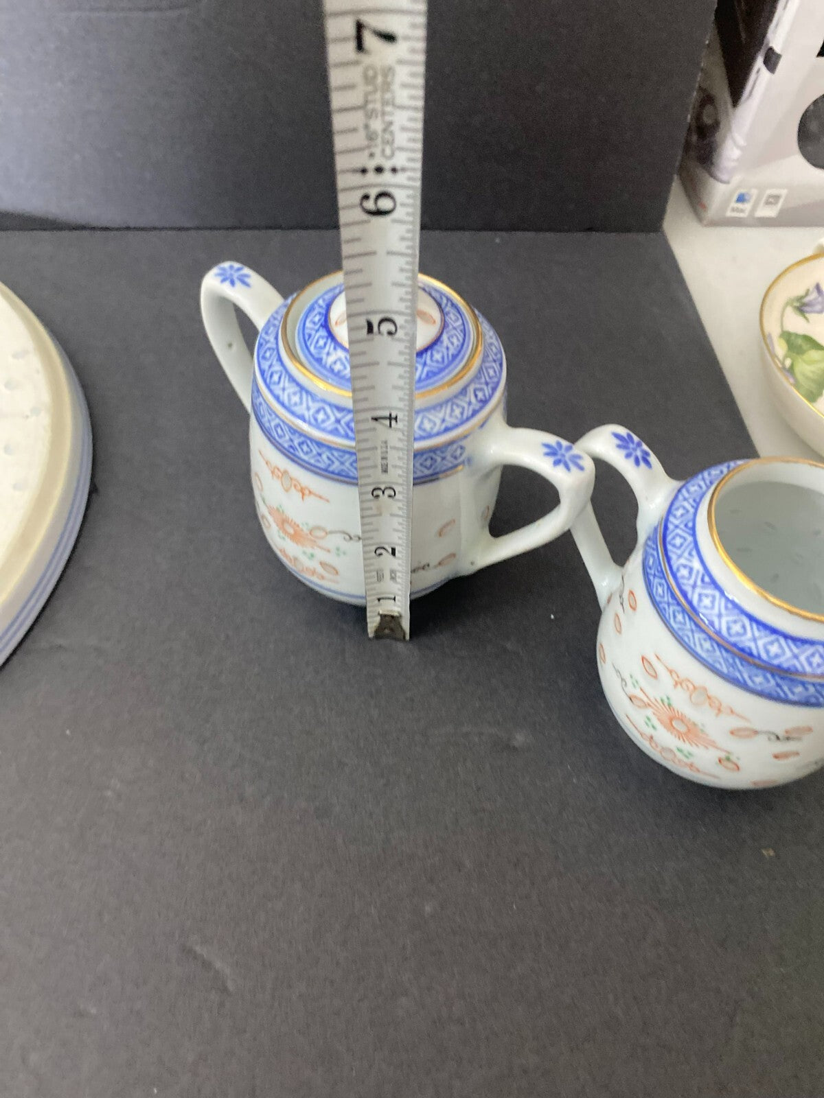 Vintage Blue/White/gold Asian Rice Glass 12 Pieces Tea Set