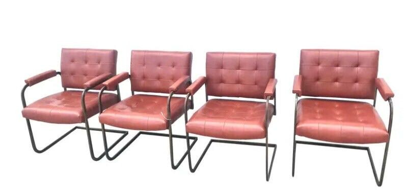 Lot Of 4 Vintage Red Patrician Furniture Chrome/leather Chairs With Arm Rest