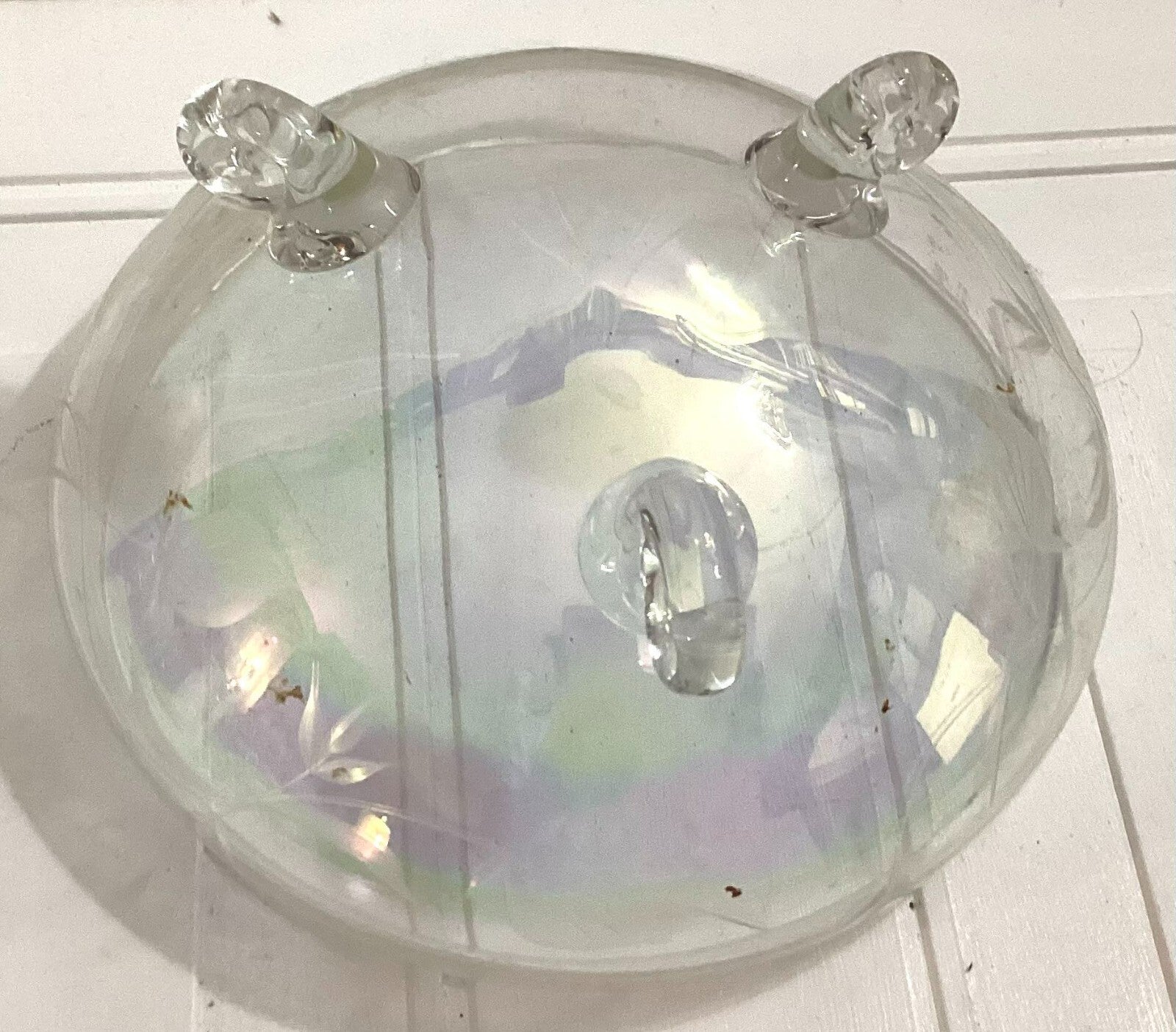 Vintage 3 Footed iridescent Round Etched Shaped Clear Glass Bowl 9X4.5 Inches