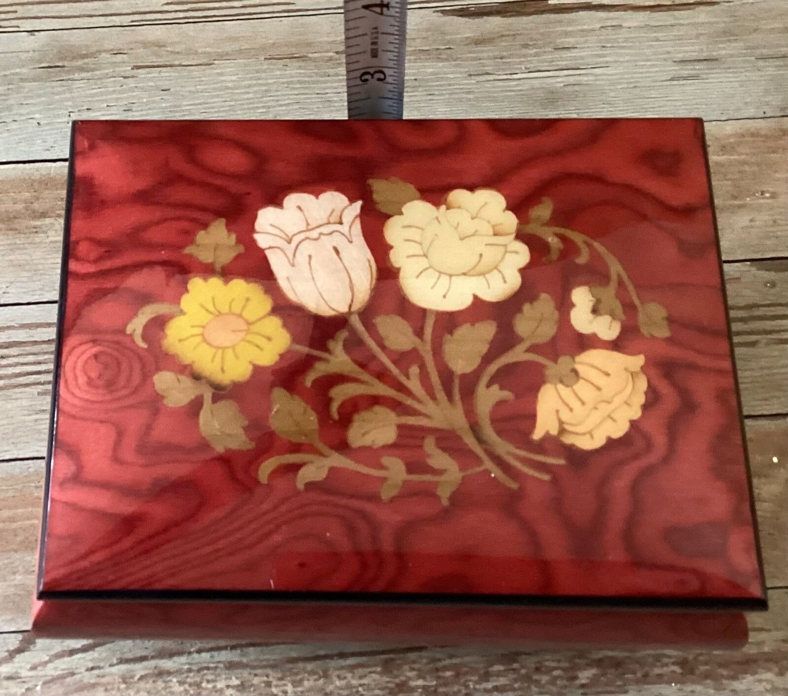 Set Of 2 Edel weiss Art Decor Inlaid Wood Floral Tray And Musical Jewelry box