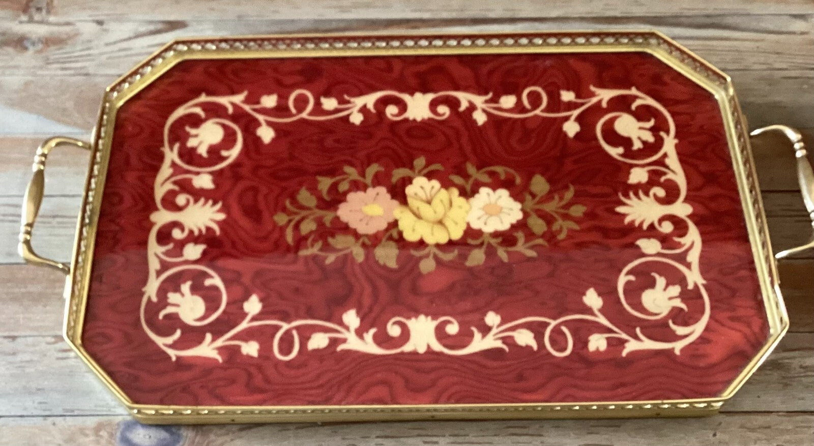Set Of 2 Edel weiss Art Decor Inlaid Wood Floral Tray And Musical Jewelry box