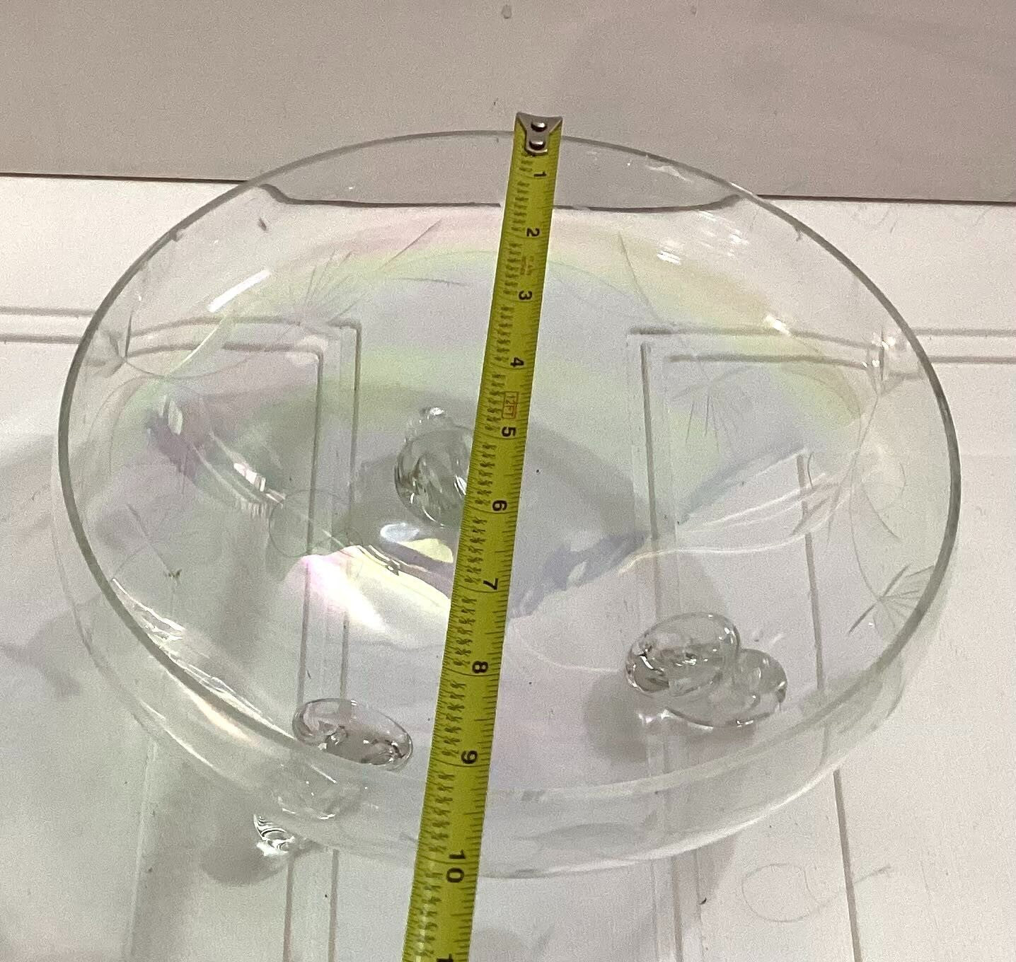 Vintage 3 Footed iridescent Round Etched Shaped Clear Glass Bowl 9X4.5 Inches