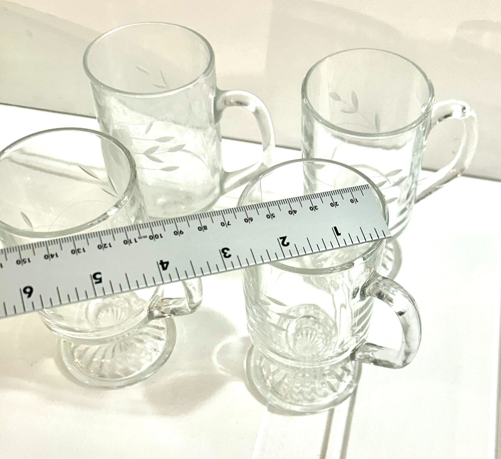 Set Of 4 Clear Floral Etching Footed Irish Coffee Glass Mugs With Handle