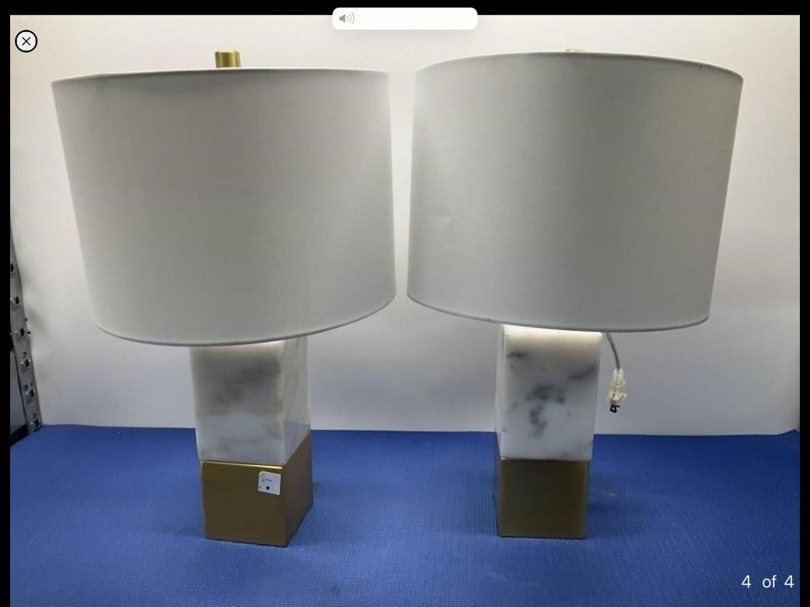Set Of 2 Heavy Marble and Gold Base Electric Operated Lamps with round shades