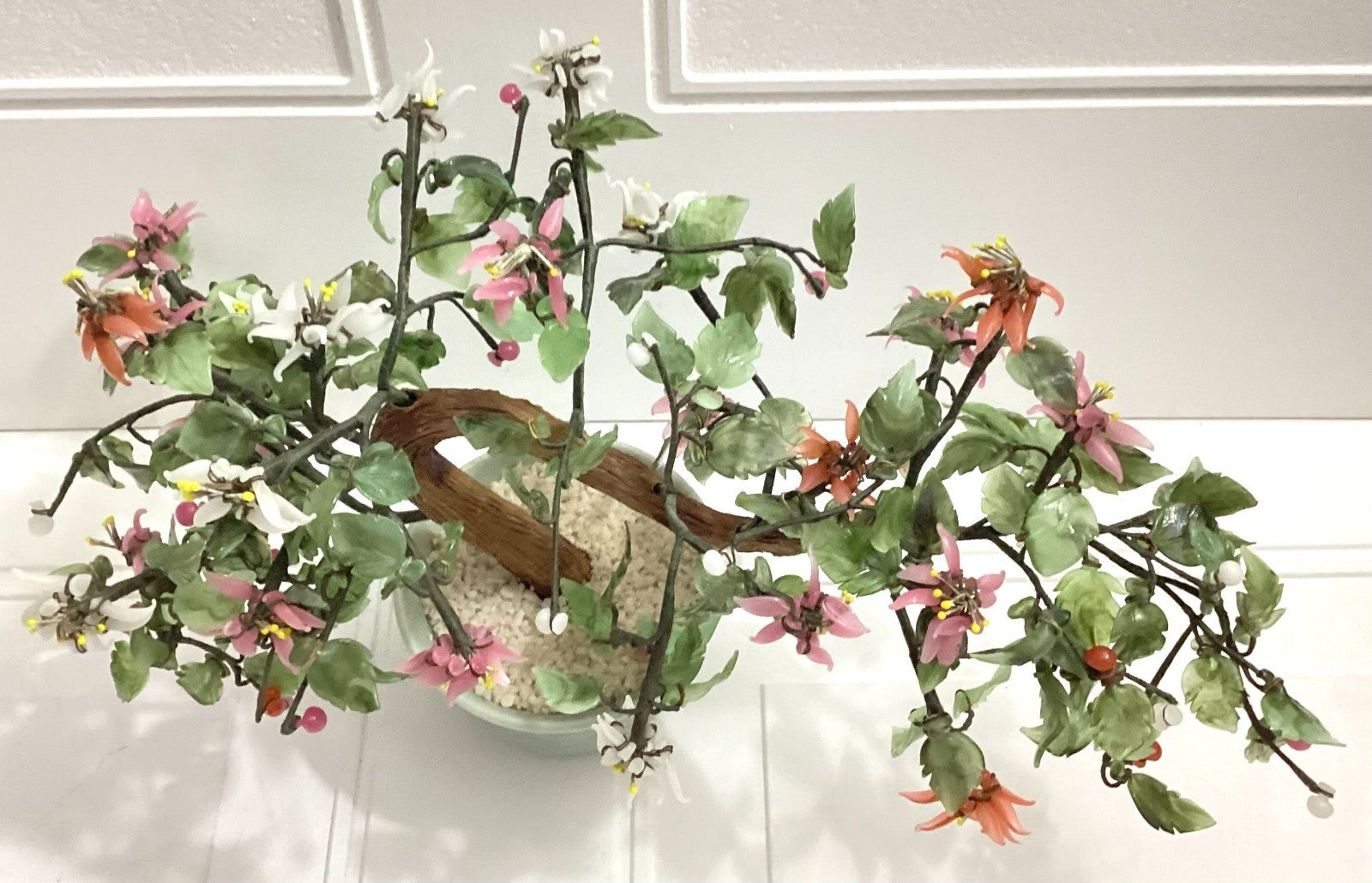 Japanese Vintage Artificial Bonsai Tree And Jade Flowers