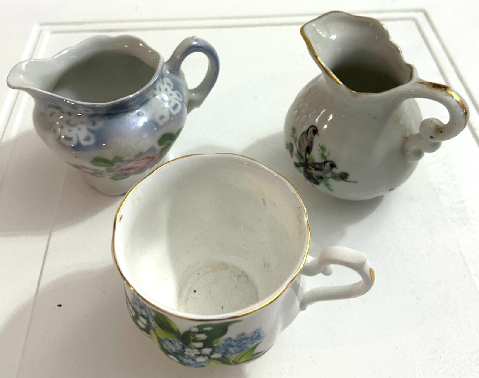 Set Of 3 Mismatch Antiques Pieces 2 Sm Creamers 1 Cup