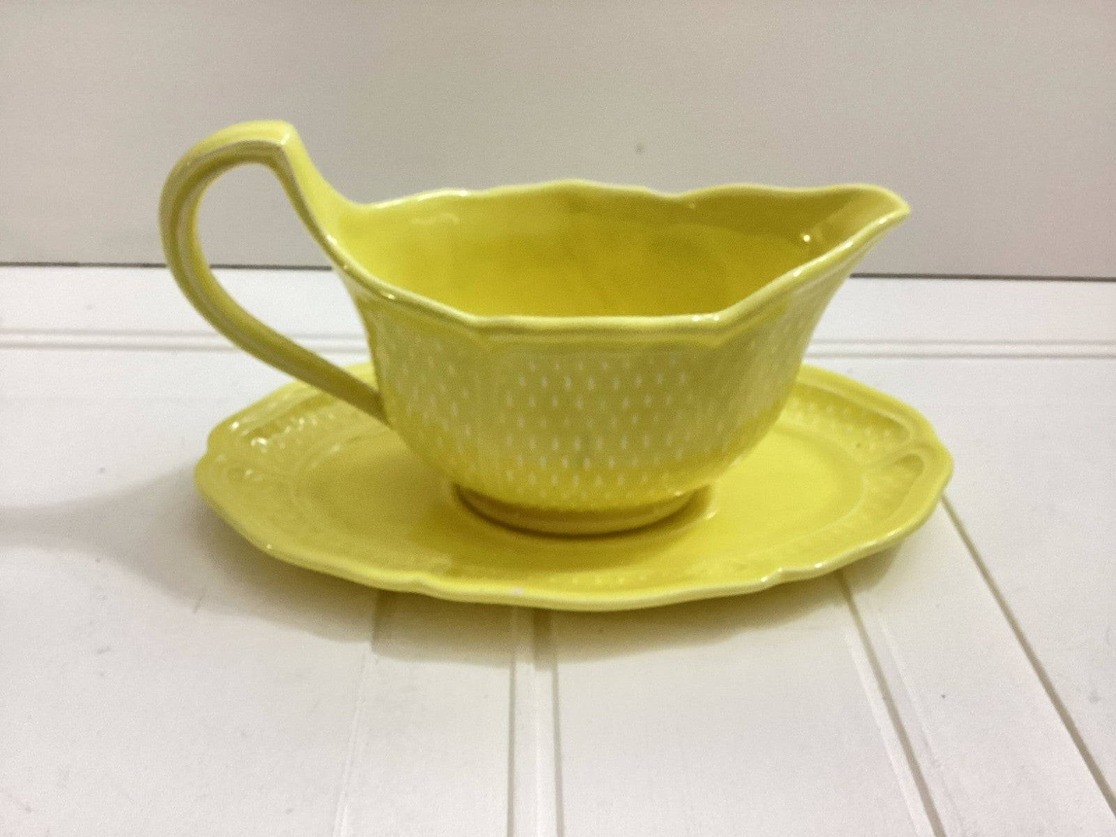 2 Pieces French Vintage Yellow Bon Vivant Gravy Boat W/Under Plate