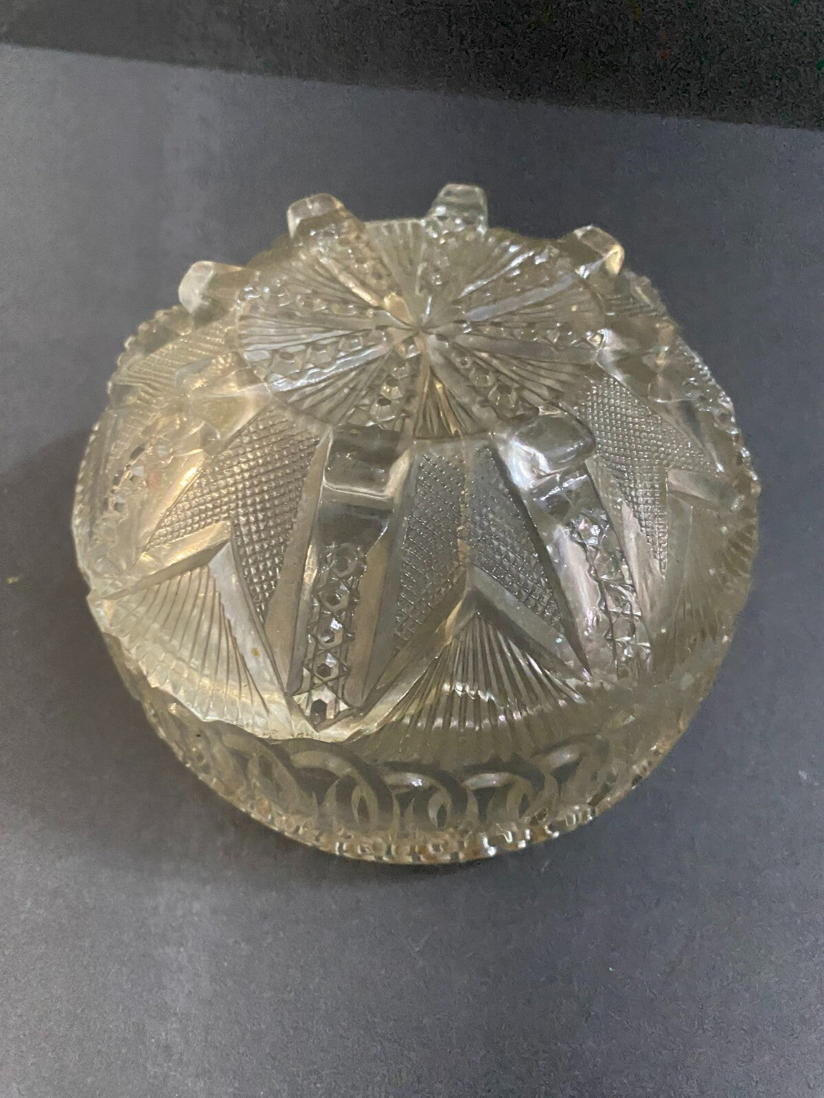 Vintage Heavy Round Cut Glass Footed Candy Bowl